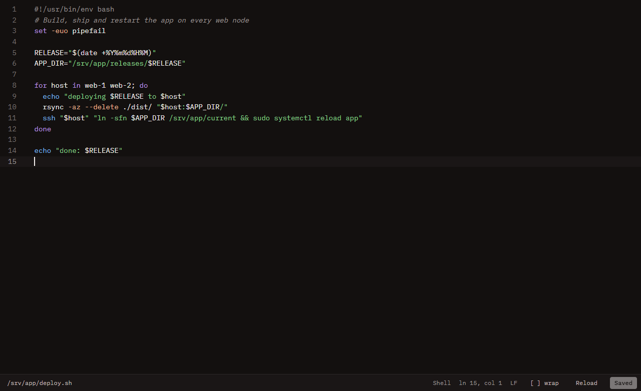A deploy script open in the built-in editor with syntax highlighting.