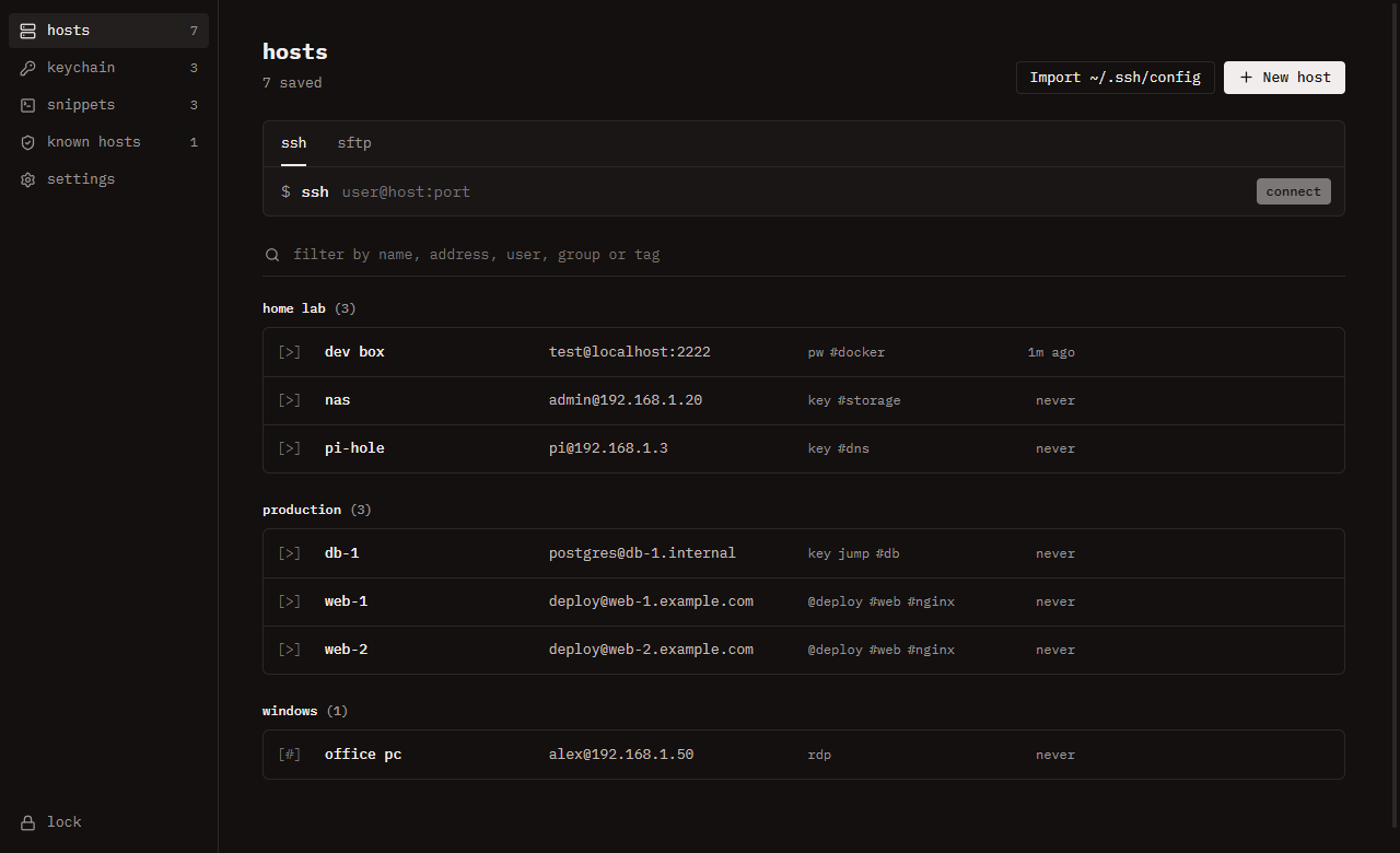 Saved hosts grouped into home lab, production and windows folders, each with its address, sign-in method and tags.